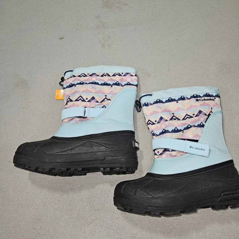 Columbia Powderbug Plus II Snow Boots Blue Mountain Print Sz 5 Youth